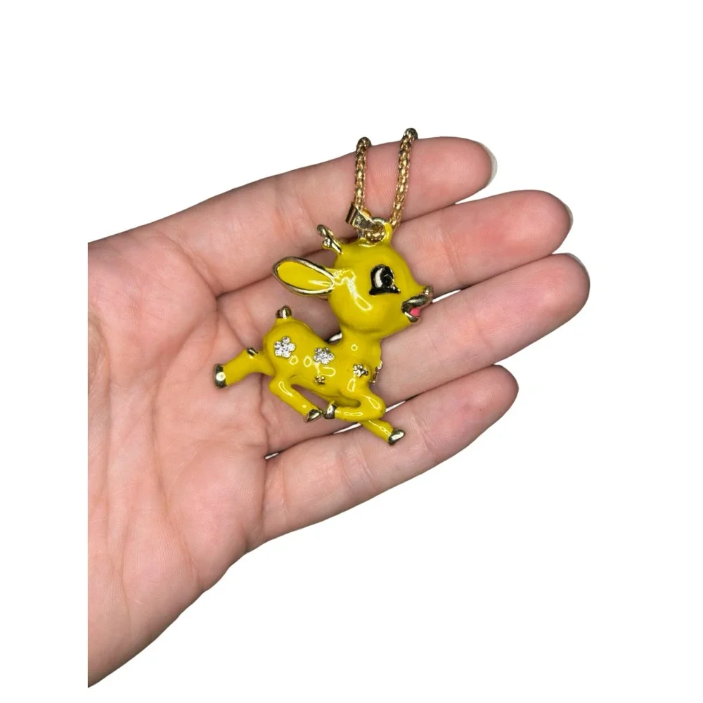 Betsey Johnson Yellow Enamel Deer Fawn Crystal Flower Pendant Necklace Gold Tone